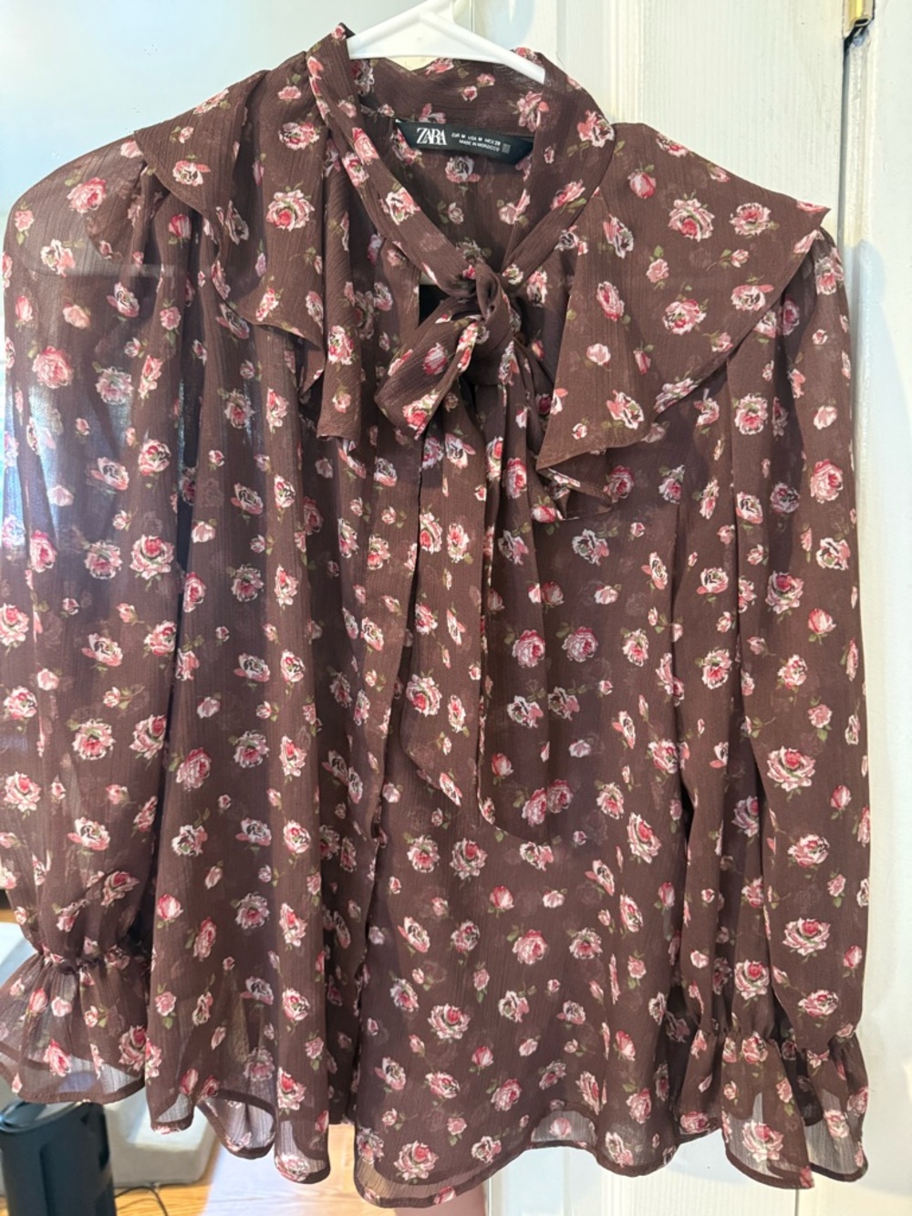 Zara Brown Floral Tie-Neck Blouse with Pink Rose Print